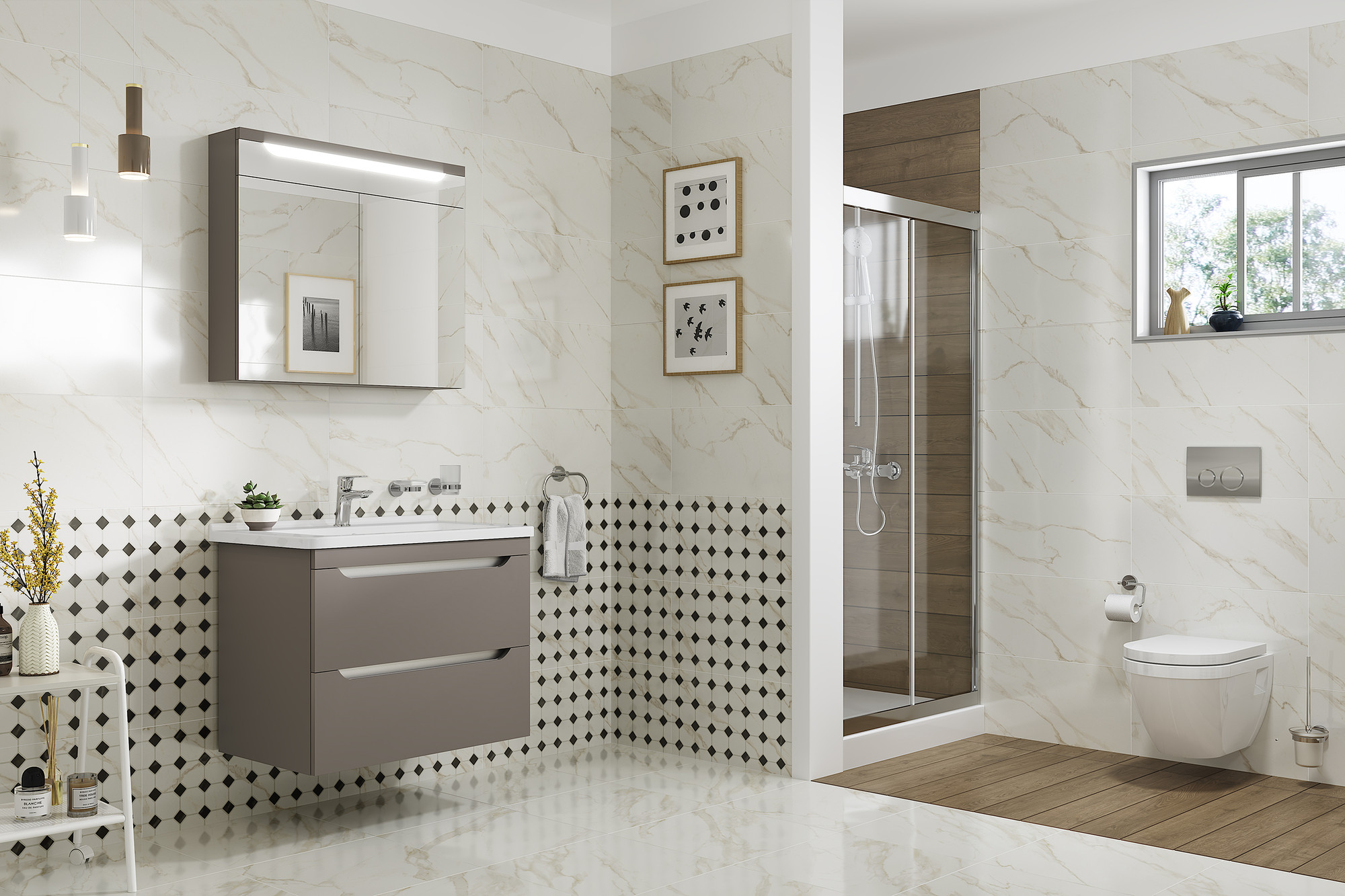 Line Calacatta Satin Polished White Floor Tile