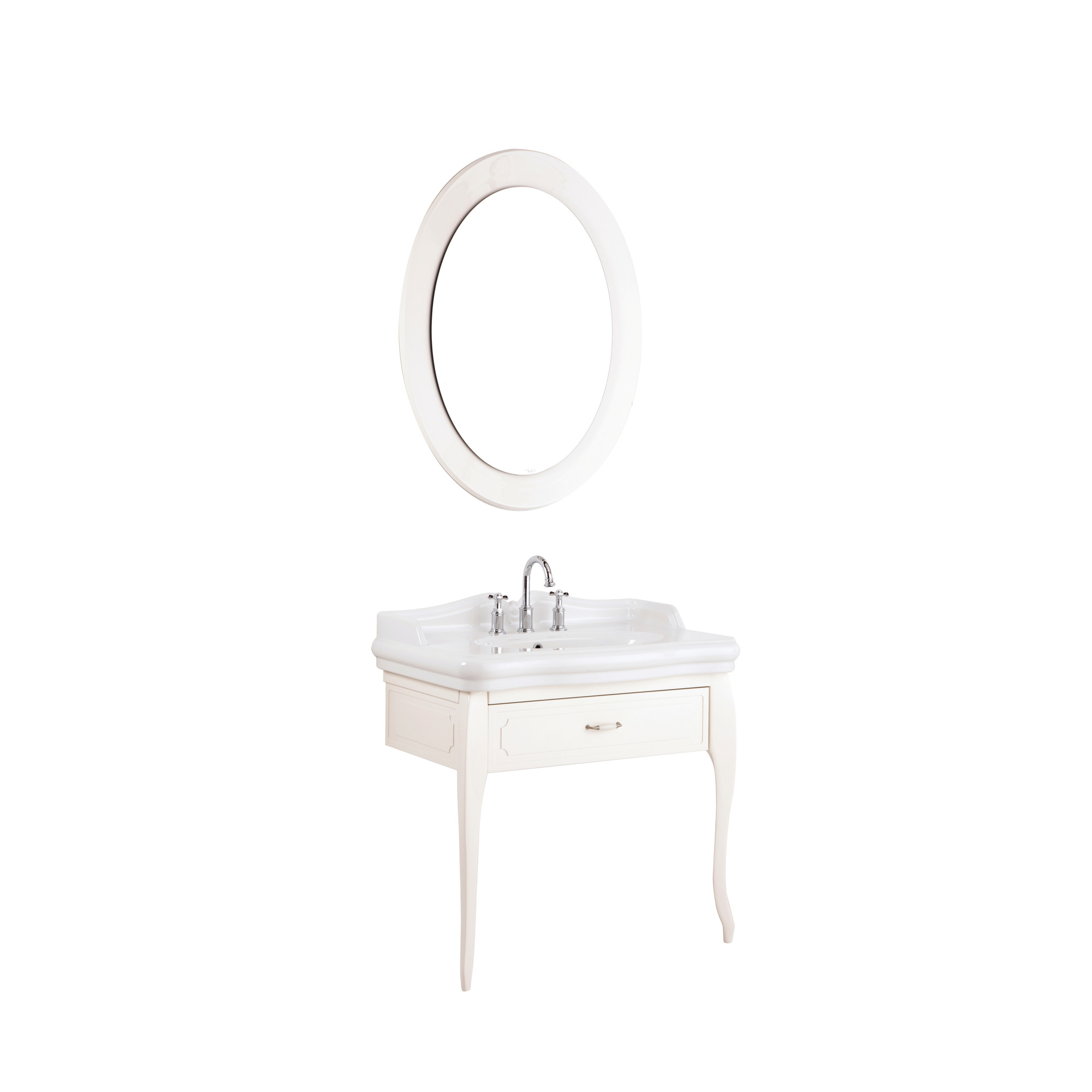 Victorian Set Parlak Krem 90 cm (3 Delikli Lavabo + Lavabo Dolabı + Aydınlatmalı Ayna)