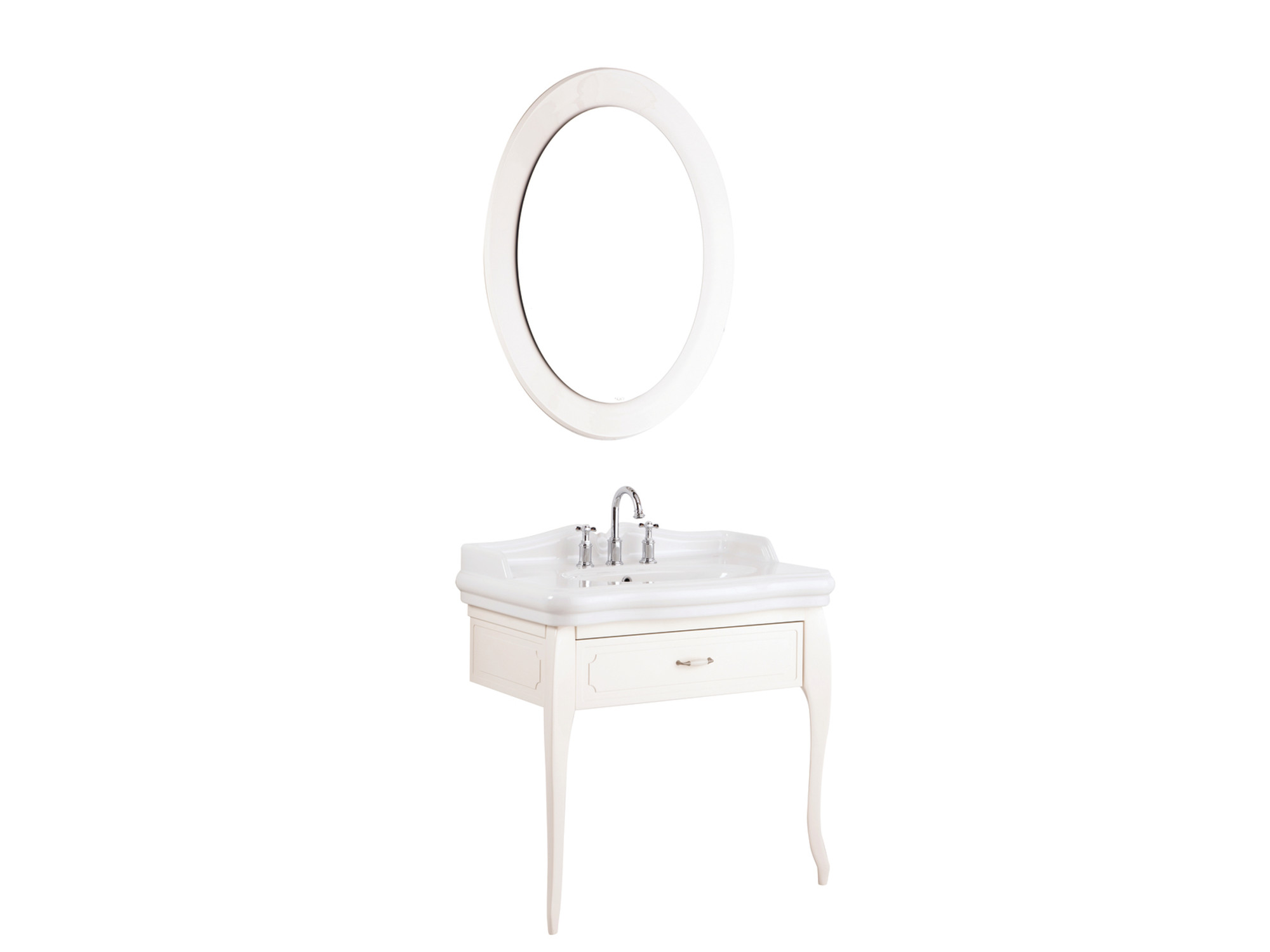 Victorian Set Parlak Krem 90 cm (3 Delikli Lavabo + Lavabo Dolabı + Aydınlatmalı Ayna)