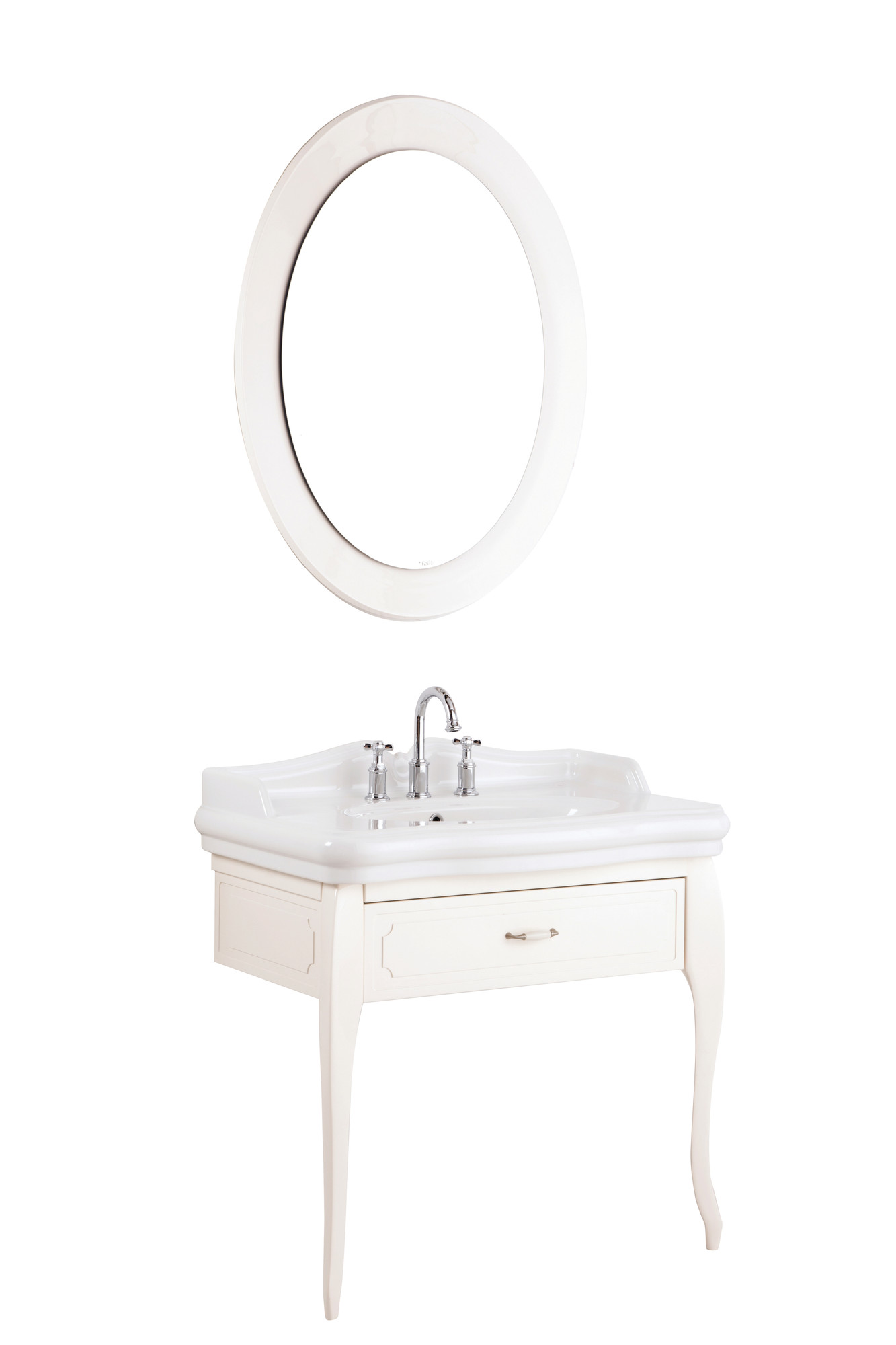 Victorian Set Parlak Krem 90 cm (3 Delikli Lavabo + Lavabo Dolabı + Aydınlatmalı Ayna)