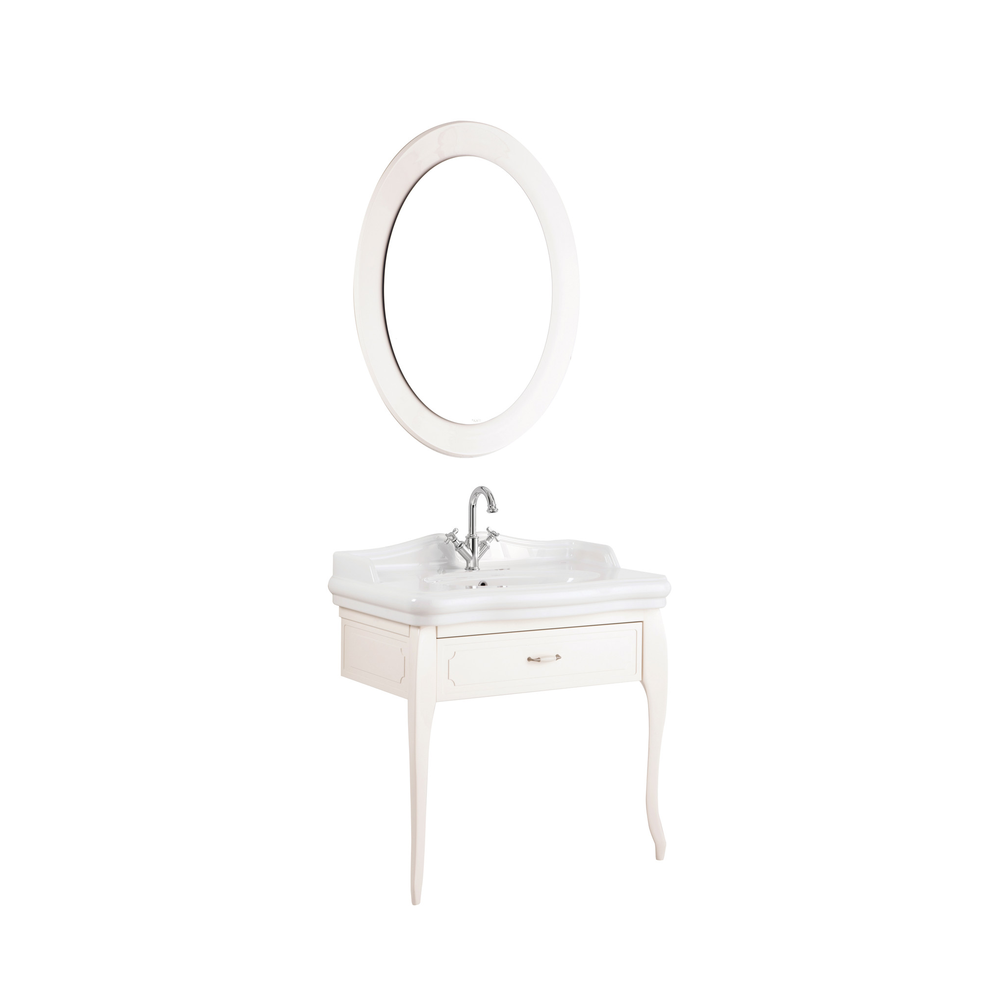 Victorian Set Parlak Krem 90 cm  (Tek Delikli Lavabo + Lavabo Dolabı + Aydınlatmalı Ayna)