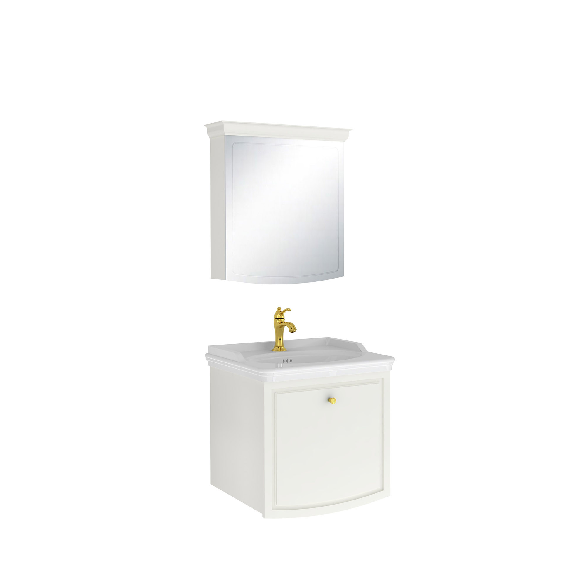 Arte+ Banyo Dolabı Seti Parlak Beyaz Altın Kulplu 65cm
