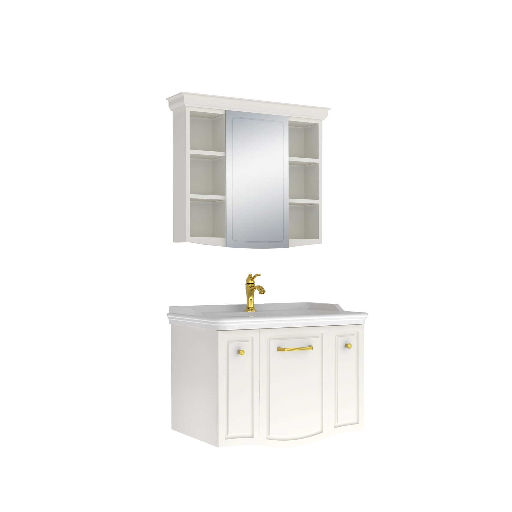 Arte+ Banyo Dolabı Seti Parlak Beyaz Altın Kulplu 80cm