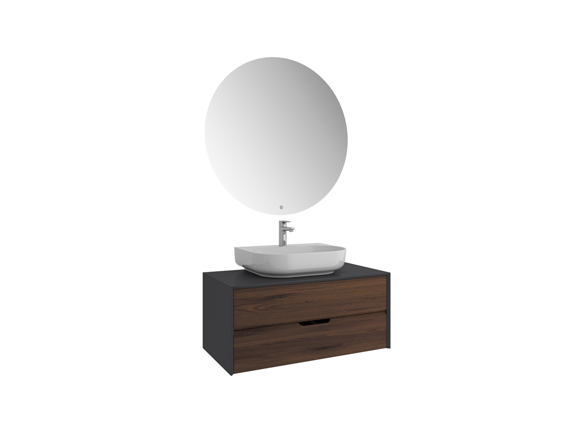 Zero 2.0 Washbasin Cabinet Set Anthracite/Walnut Oval Glossy White Countertop Washbasin 100 Cm