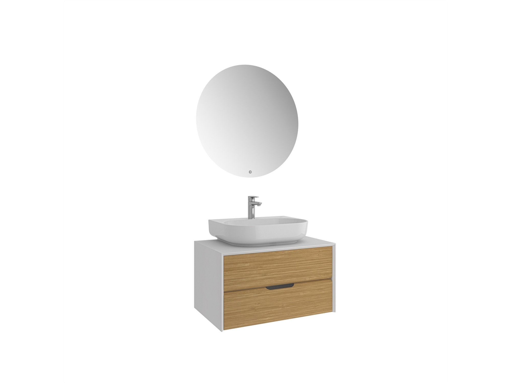 Zero 2.0 Lavabo Dolabı Set Beyaz/Meşe Oval Parlak Beyaz Armatür Bantlı Lavabolu 80cm