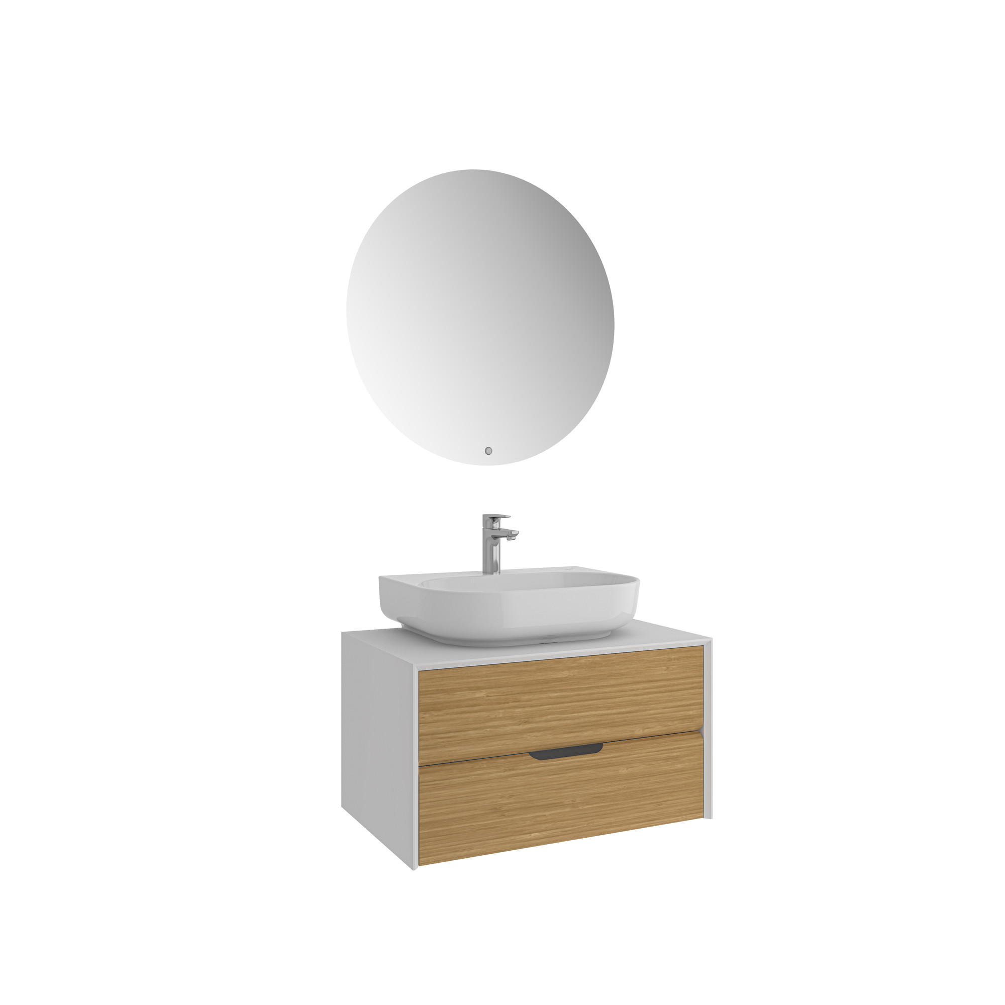 Zero 2.0 Lavabo Dolabı Set Beyaz/Meşe Oval Parlak Beyaz Armatür Bantlı Lavabolu 80cm