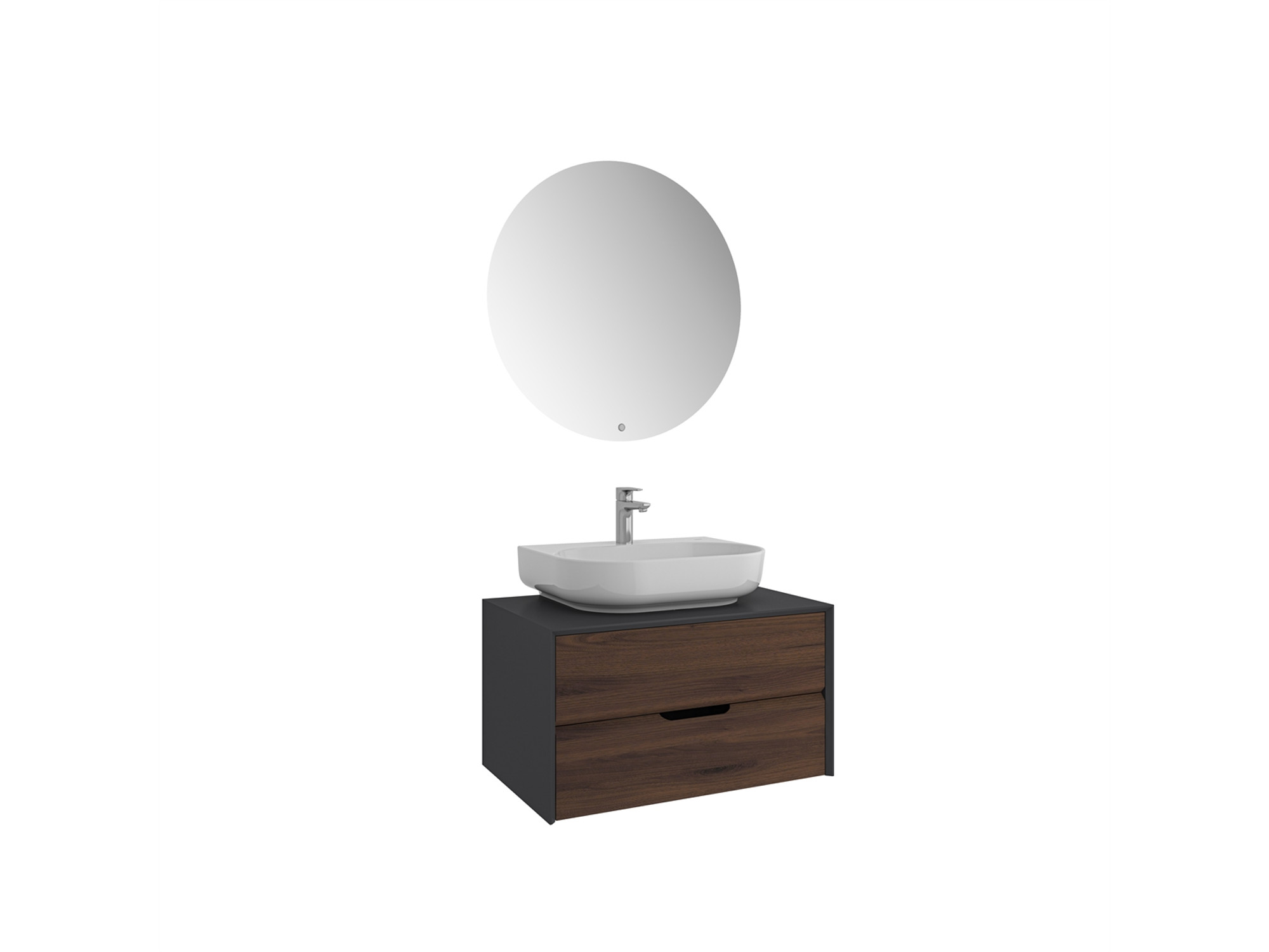 Zero 2.0 Lavabo Dolabı Set Antrasit/Ceviz Oval Parlak Beyaz Armatür Bantlı Lavabolu 80cm