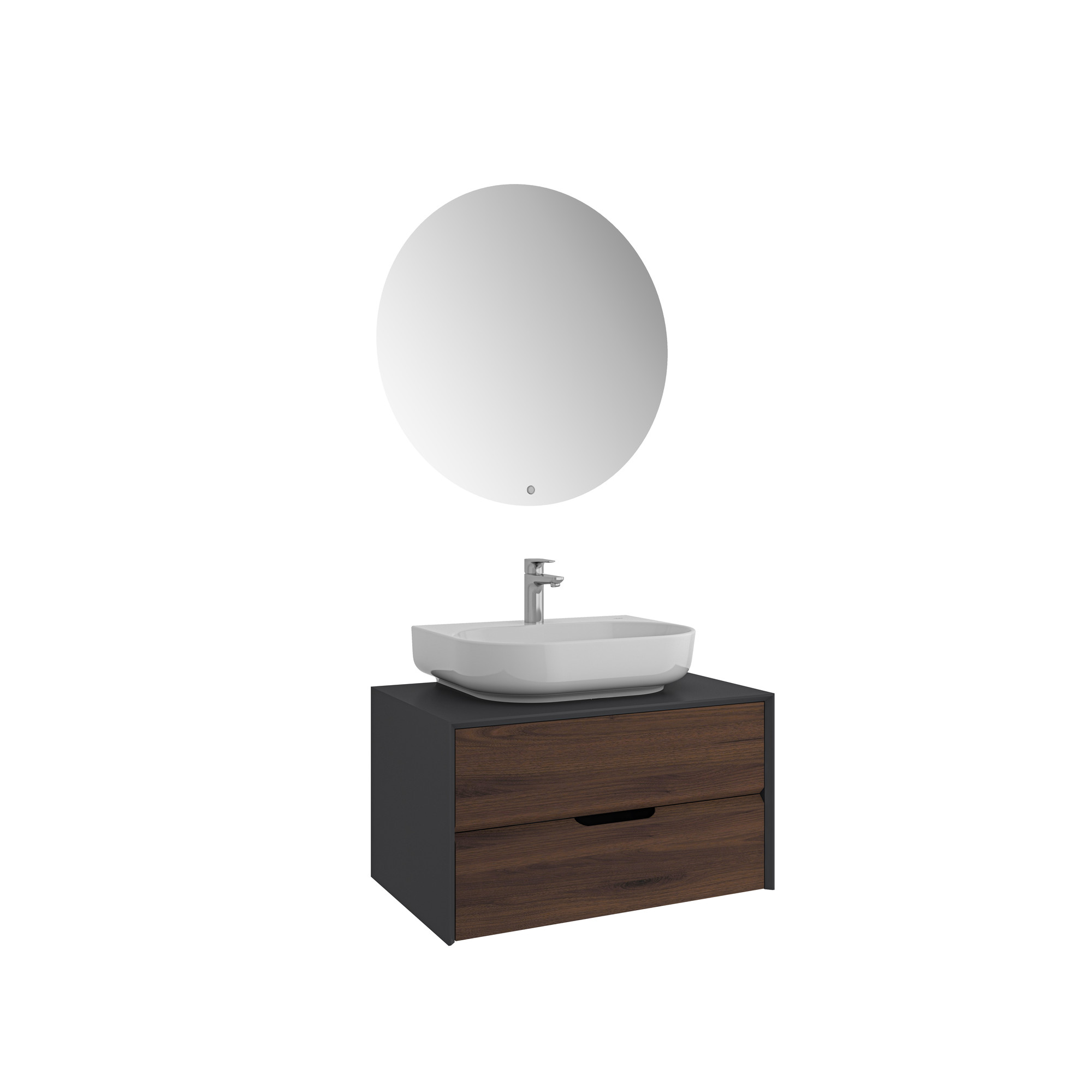 Zero 2.0 Lavabo Dolabı Set Antrasit/Ceviz Oval Parlak Beyaz Armatür Bantlı Lavabolu 80cm