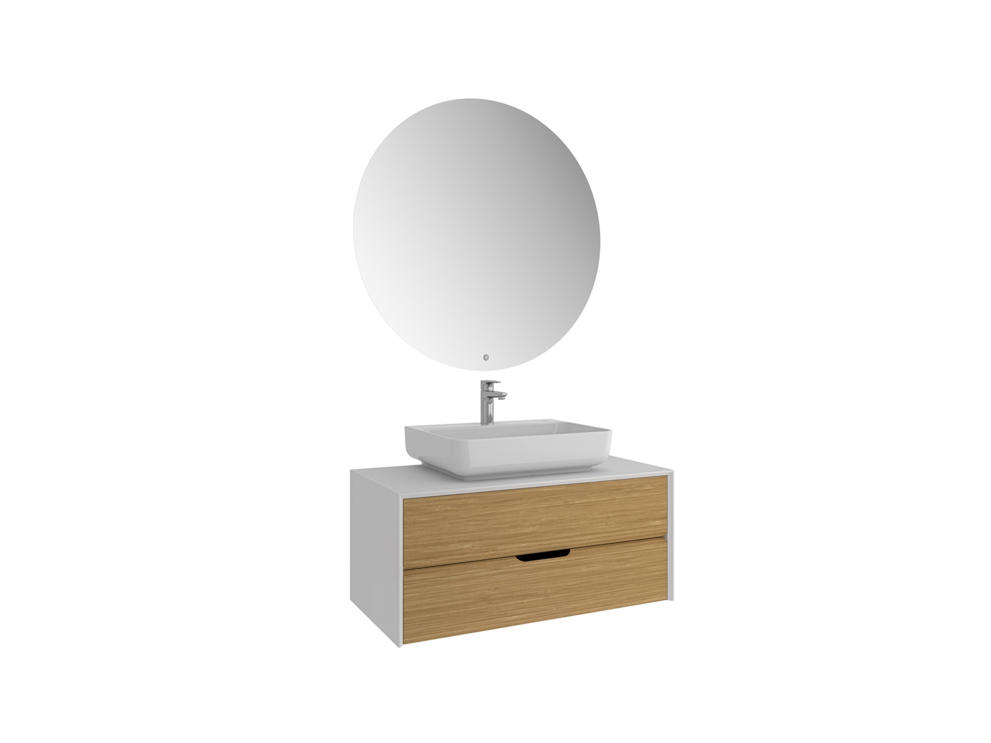 Zero 2.0 Lavabo Dolabı Set Beyaz/Meşe Dikdörtgen Parlak Beyaz Armatür Bantlı Lavabolu 100cm
