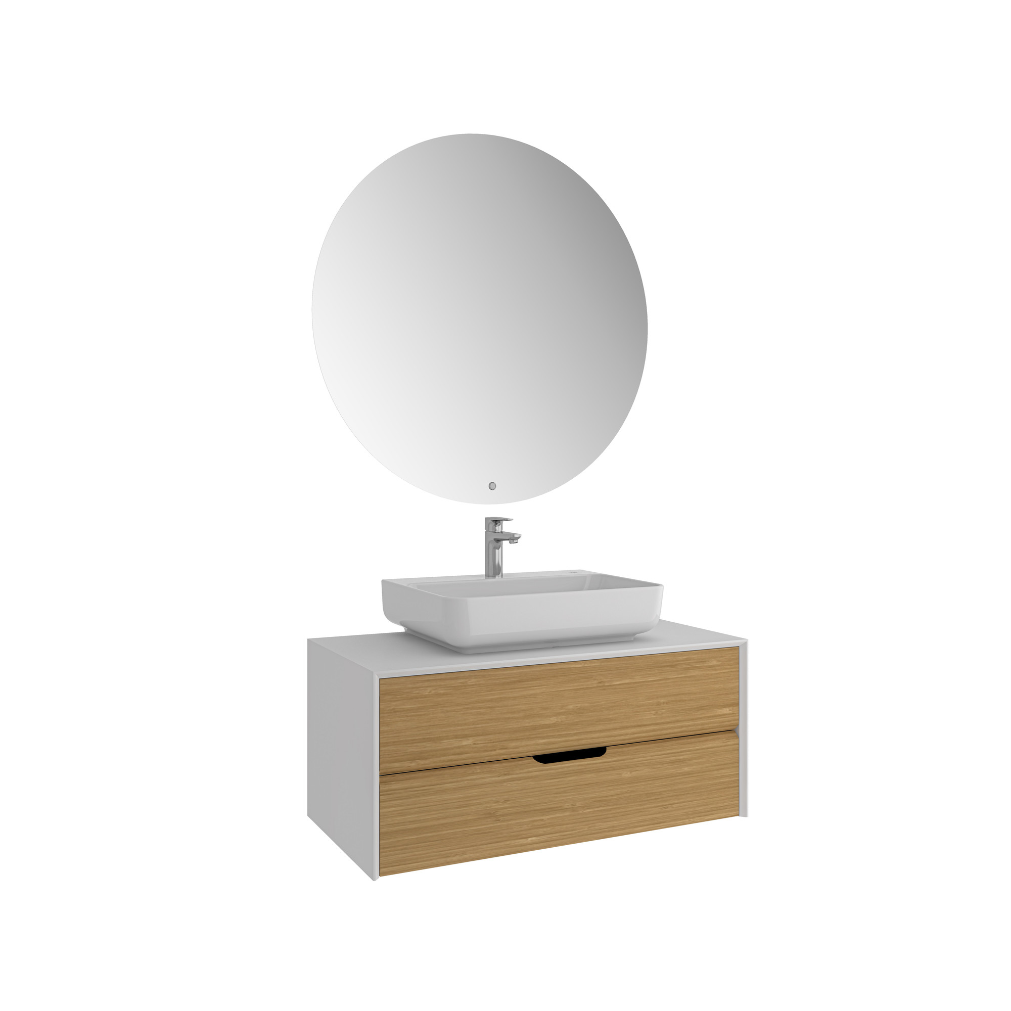 Zero 2.0 Lavabo Dolabı Set Beyaz/Meşe Dikdörtgen Parlak Beyaz Armatür Bantlı Lavabolu 100cm