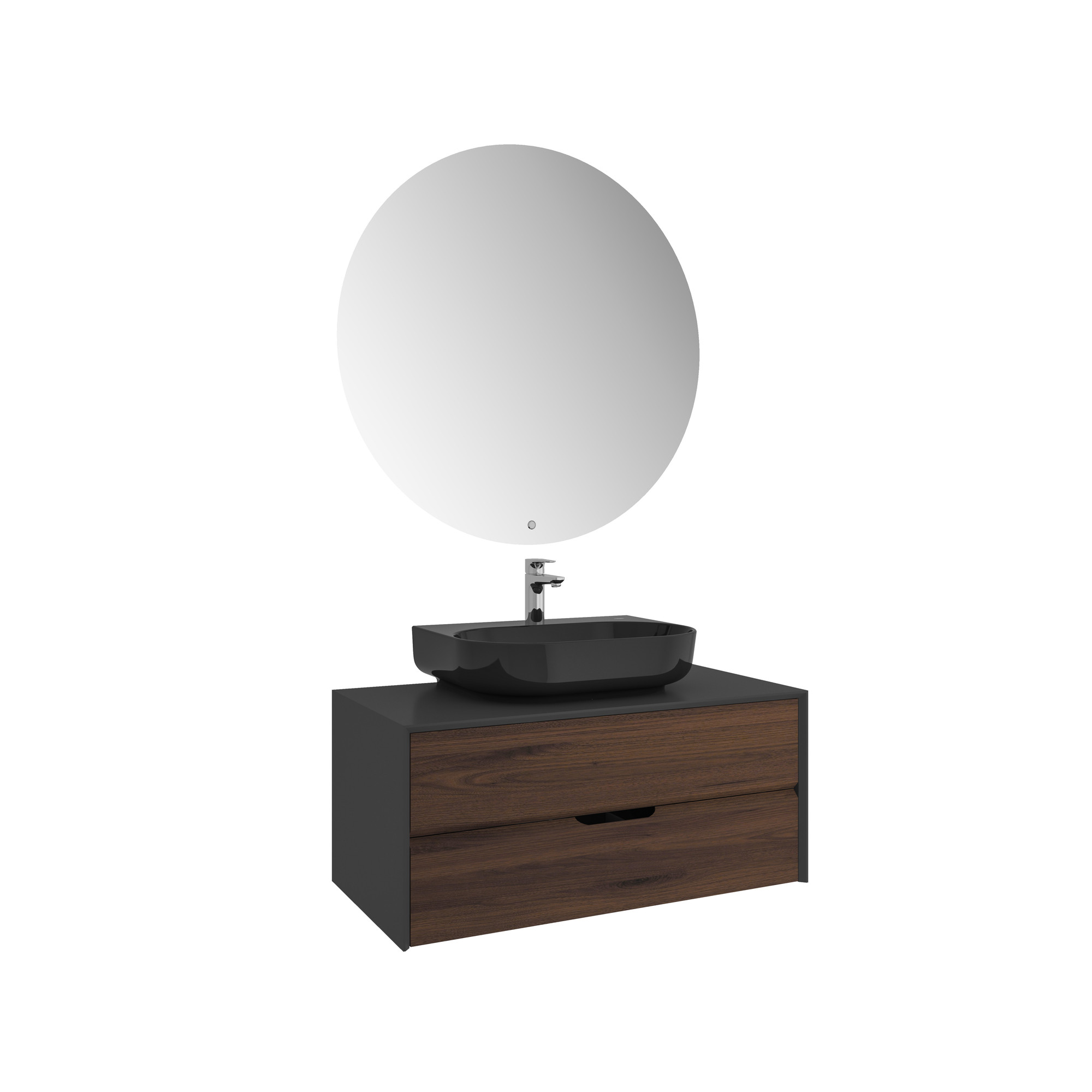 Zero 2.0 Lavabo Dolabı Set Antrasit/Ceviz Oval Parlak Siyah Armatür Bantlı Lavabolu 100cm
