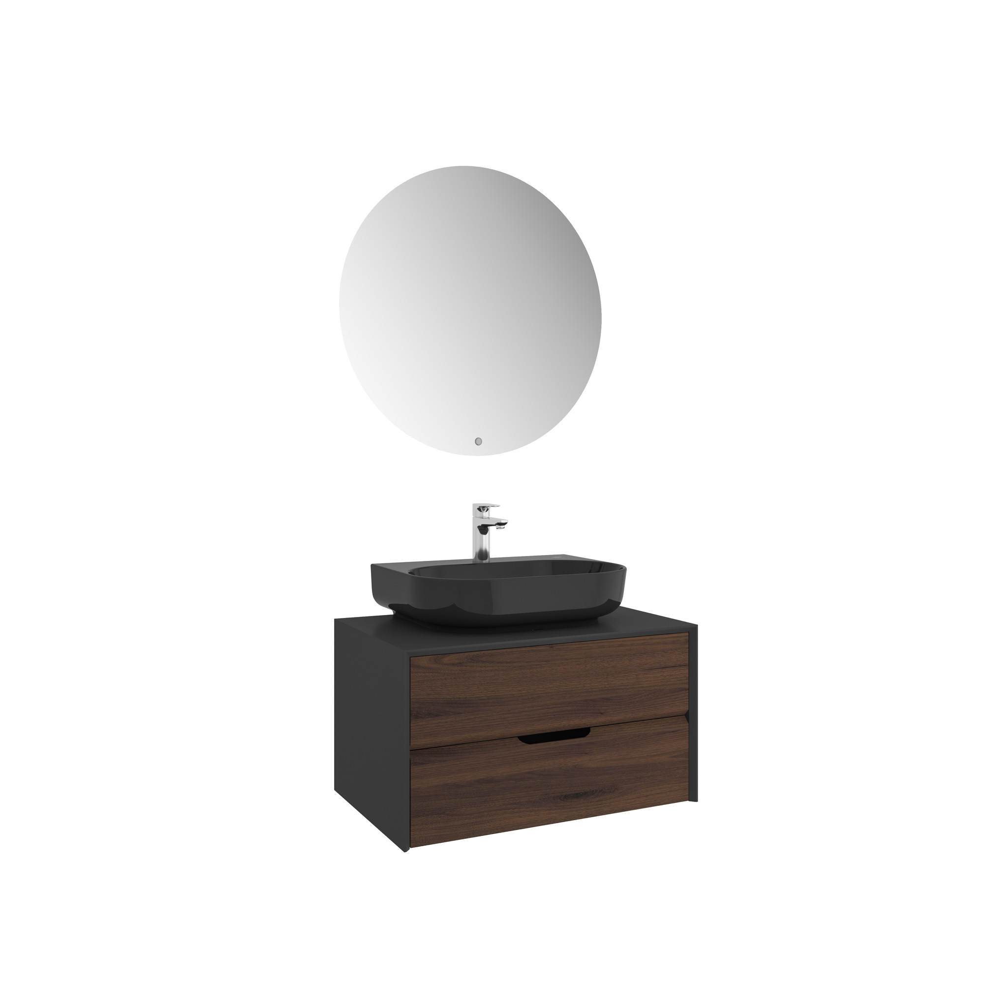 Zero 2.0 Lavabo Dolabı Set Antrasit/Ceviz Oval Parlak Siyah Armatür Bantlı Lavabolu 80cm