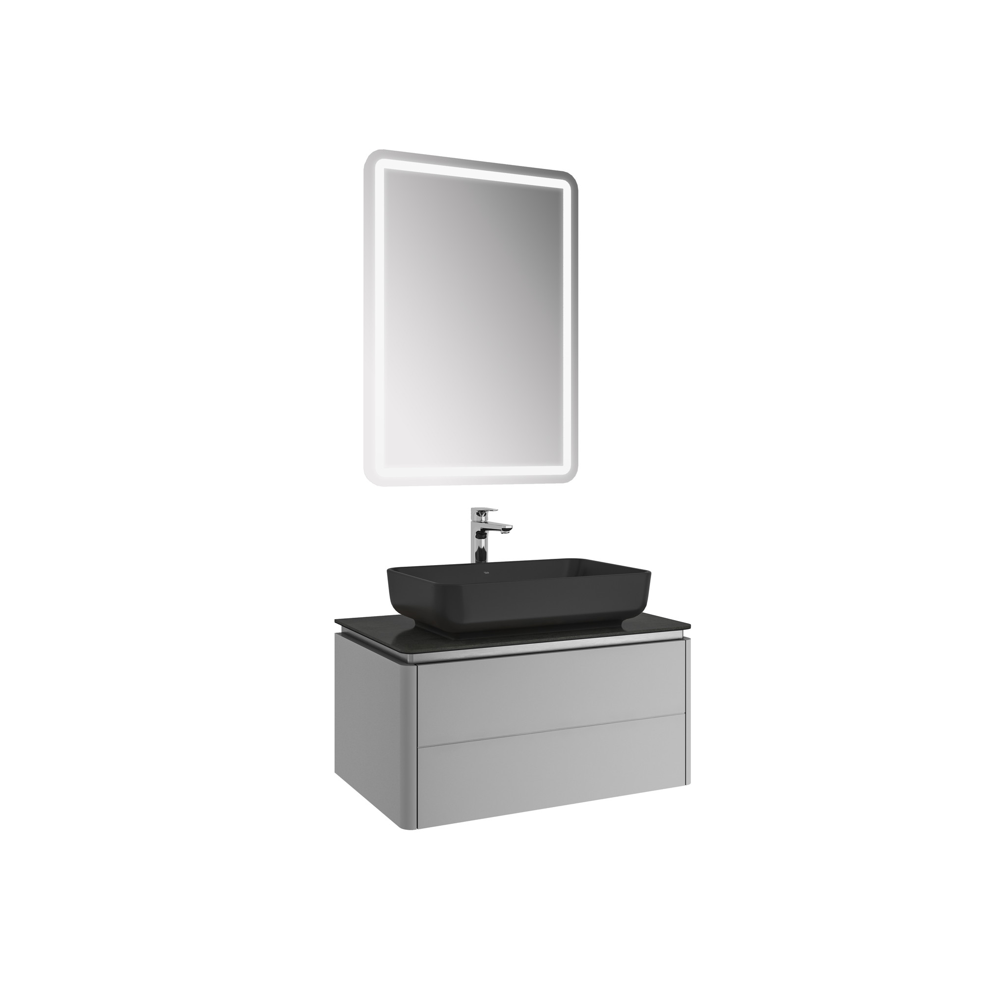 Lotus Set Mat Gri/Antrasit 80 Cm (Siyah Dikdörtgen Çanak Lavabo + Lavabo Dolabı + Ayna)