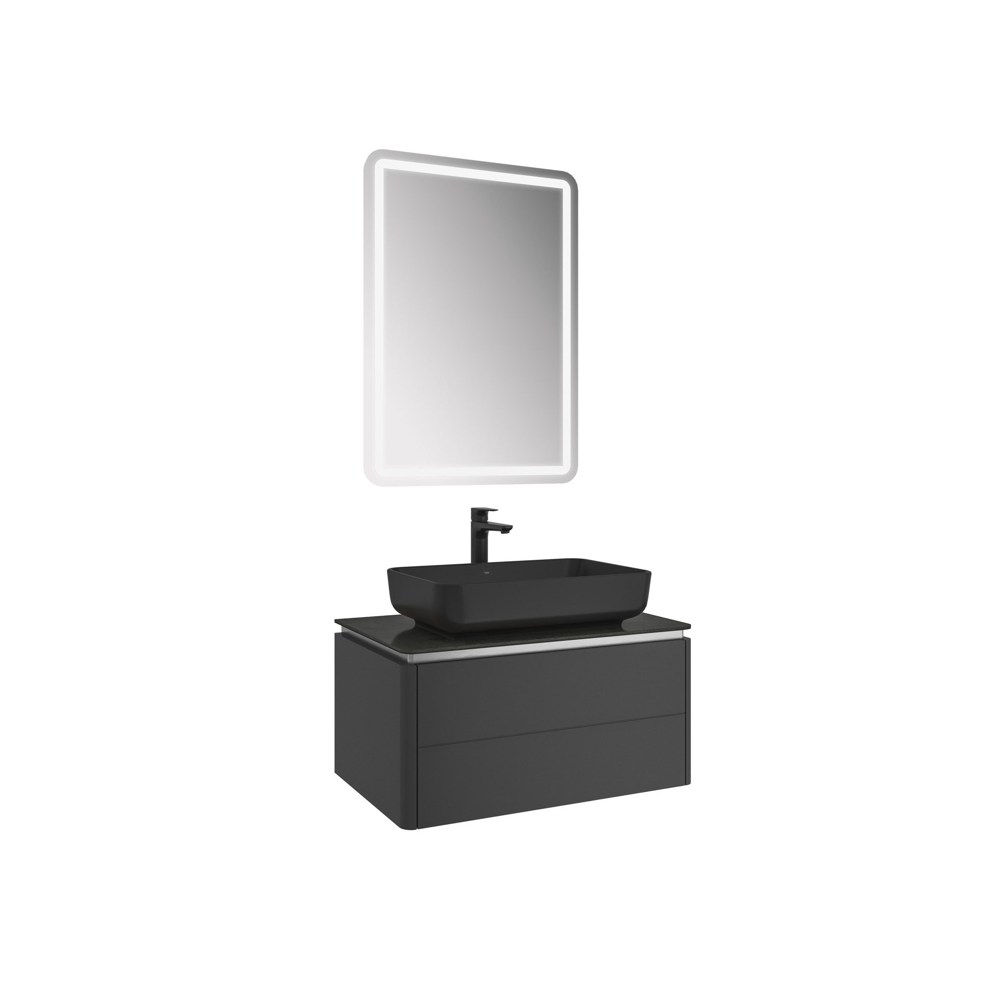 Lotus Set Mat Siyah/Antrasit 80 Cm (Siyah Dikdörtgen Çanak Lavabo + Lavabo Dolabı + Ayna)