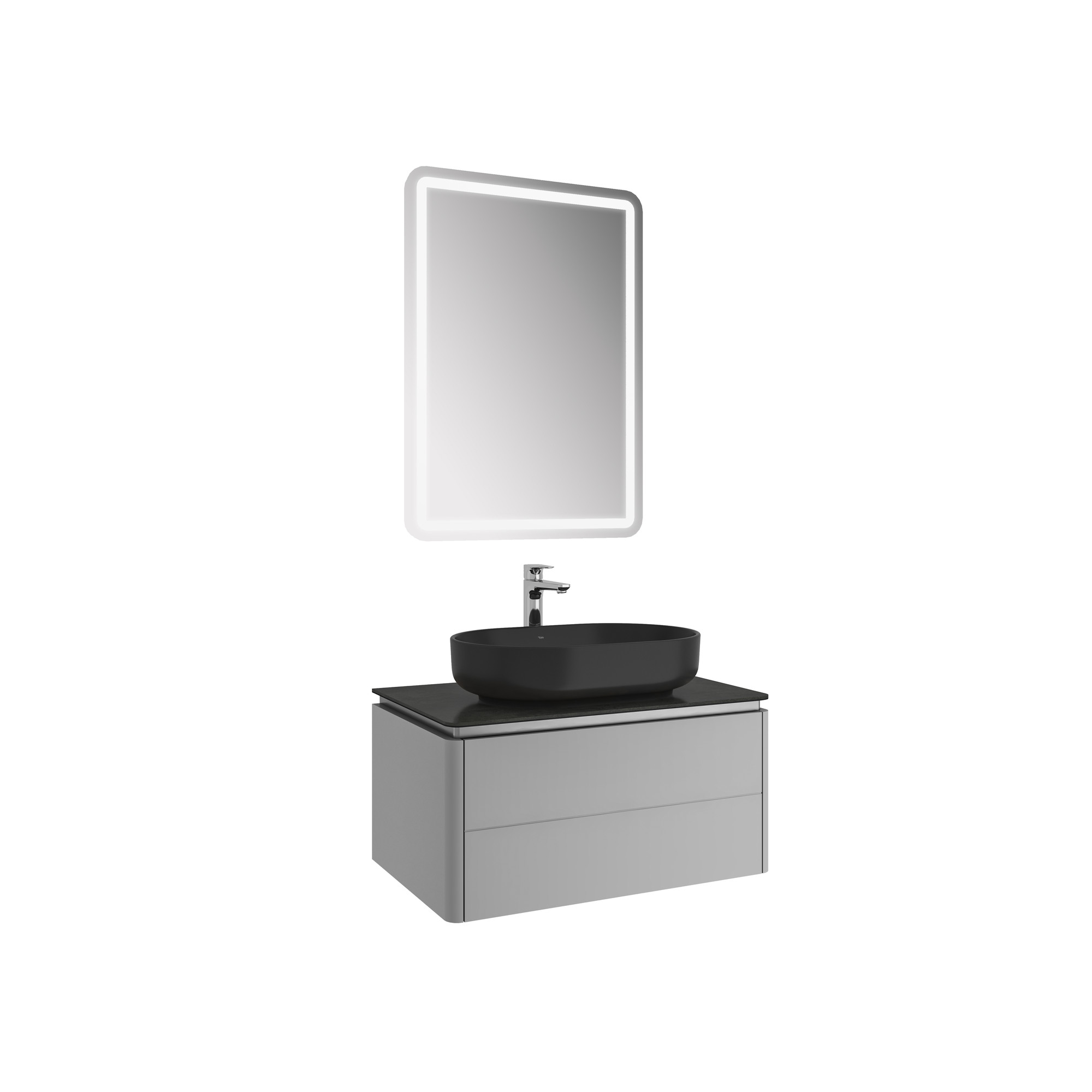 Lotus Set Mat Gri/Antrasit 80 Cm (Siyah Oval Çanak Lavabo + Lavabo Dolabı + Ayna)