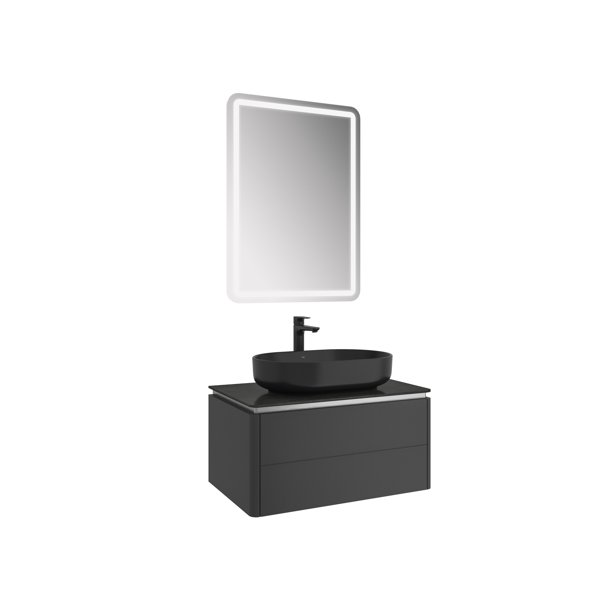 Lotus Set Mat Siyah/Antrasit 80 Cm (Siyah Oval Çanak Lavabo + Lavabo Dolabı + Ayna)