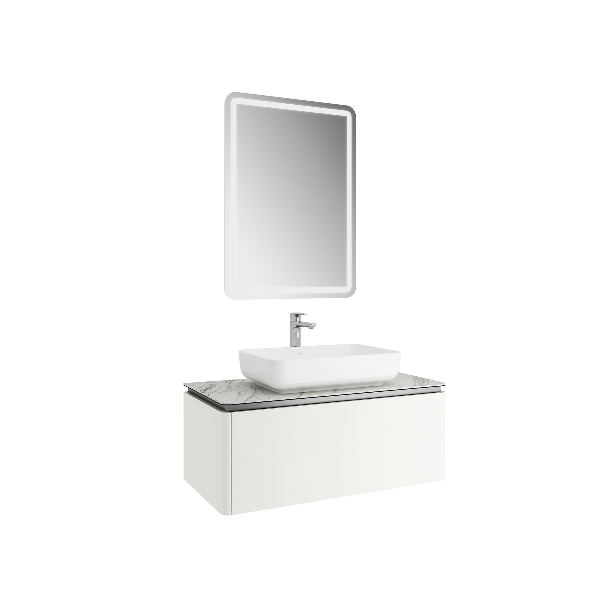 Lotus Set Matte White/Pallisandro 100 Cm (White Rectangular Bowl Washbasin + Washbasin Cabinet + Mirror)