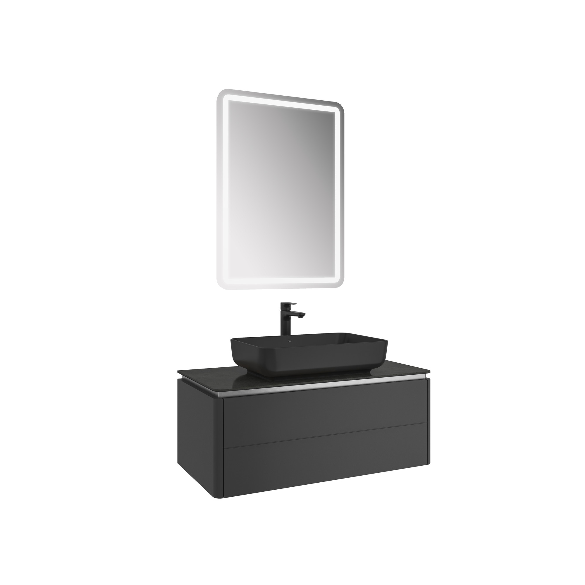 Lotus Set Mat Siyah/Antrasit 100 Cm (Siyah Dikdörtgen Çanak Lavabo + Lavabo Dolabı + Ayna)