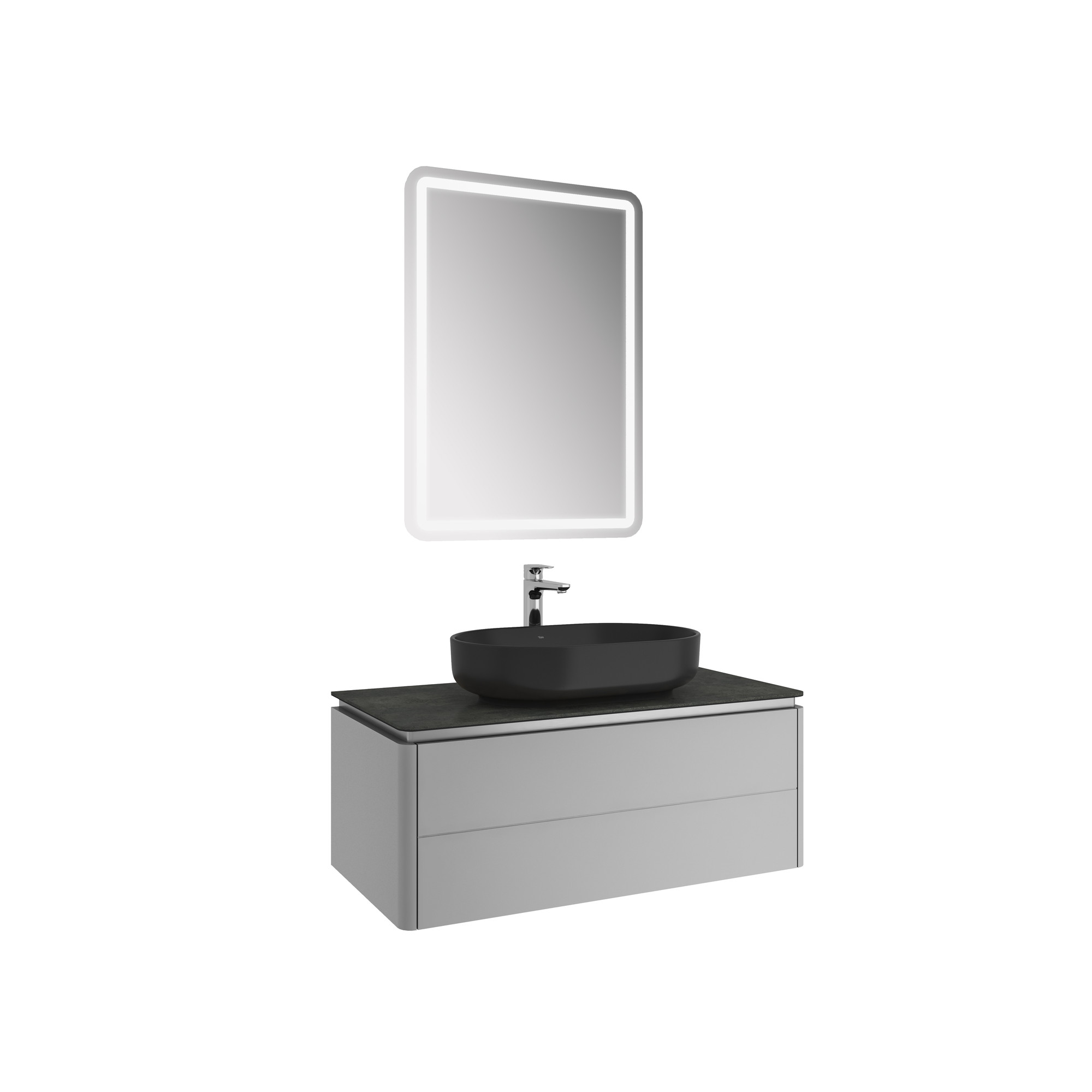 Lotus Set Mat Vizon/Antrasit 100 Cm (Siyah Oval Çanak Lavabo + Lavabo Dolabı + Ayna)
