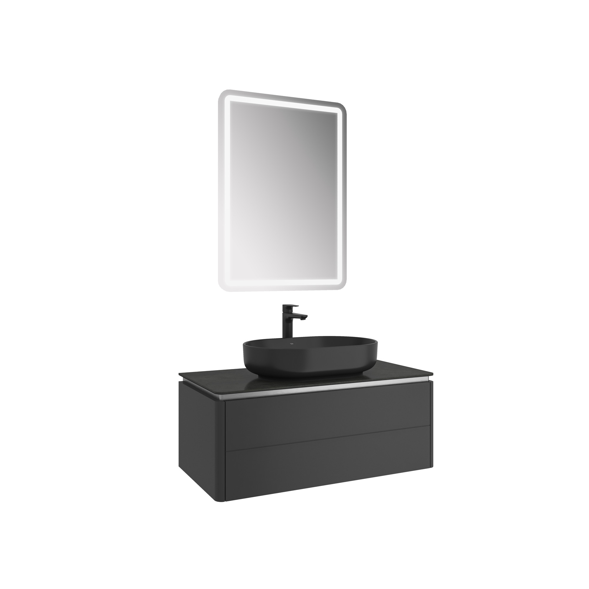 Lotus Set Mat Siyah/Antrasit 100 Cm (Siyah Oval Çanak Lavabo + Lavabo Dolabı + Ayna)