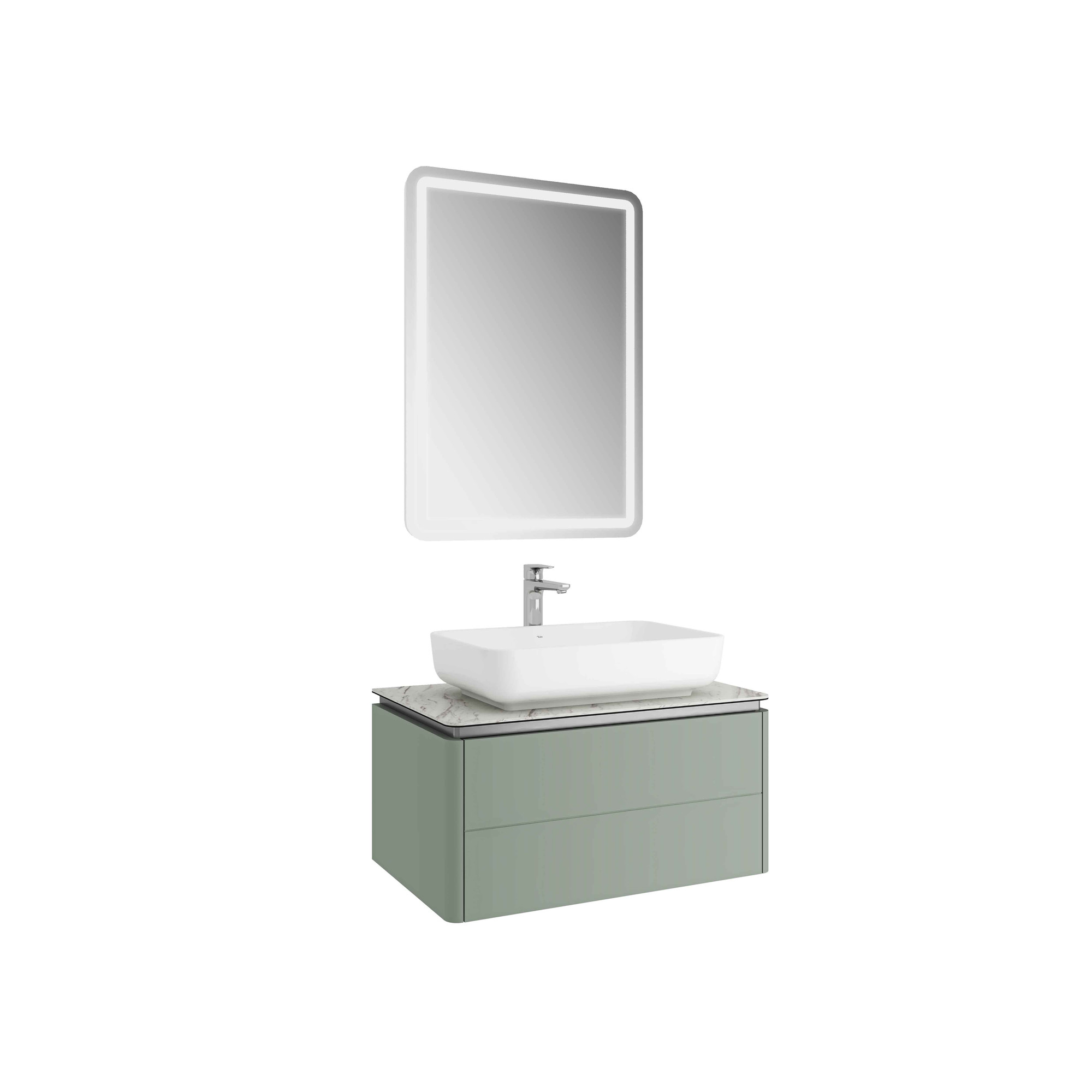 Lotus Set Mat Adaçayı Yeşili/Palissandro 80 Cm (Beyaz Dikdörtgen Çanak Lavabo + Lavabo Dolabı + Ayna)