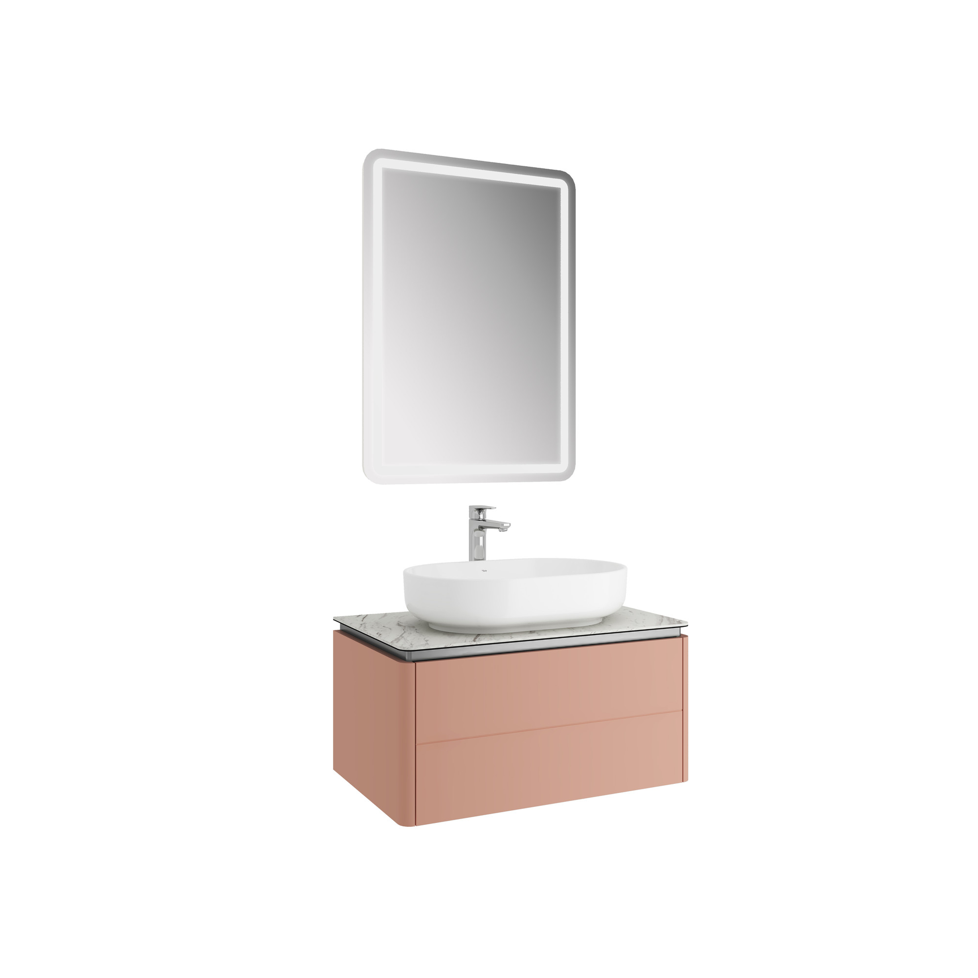 Lotus Set Mat Şeftali/Palissandro 80 Cm (Beyaz Oval Çanak Lavabo + Lavabo Dolabı + Ayna)