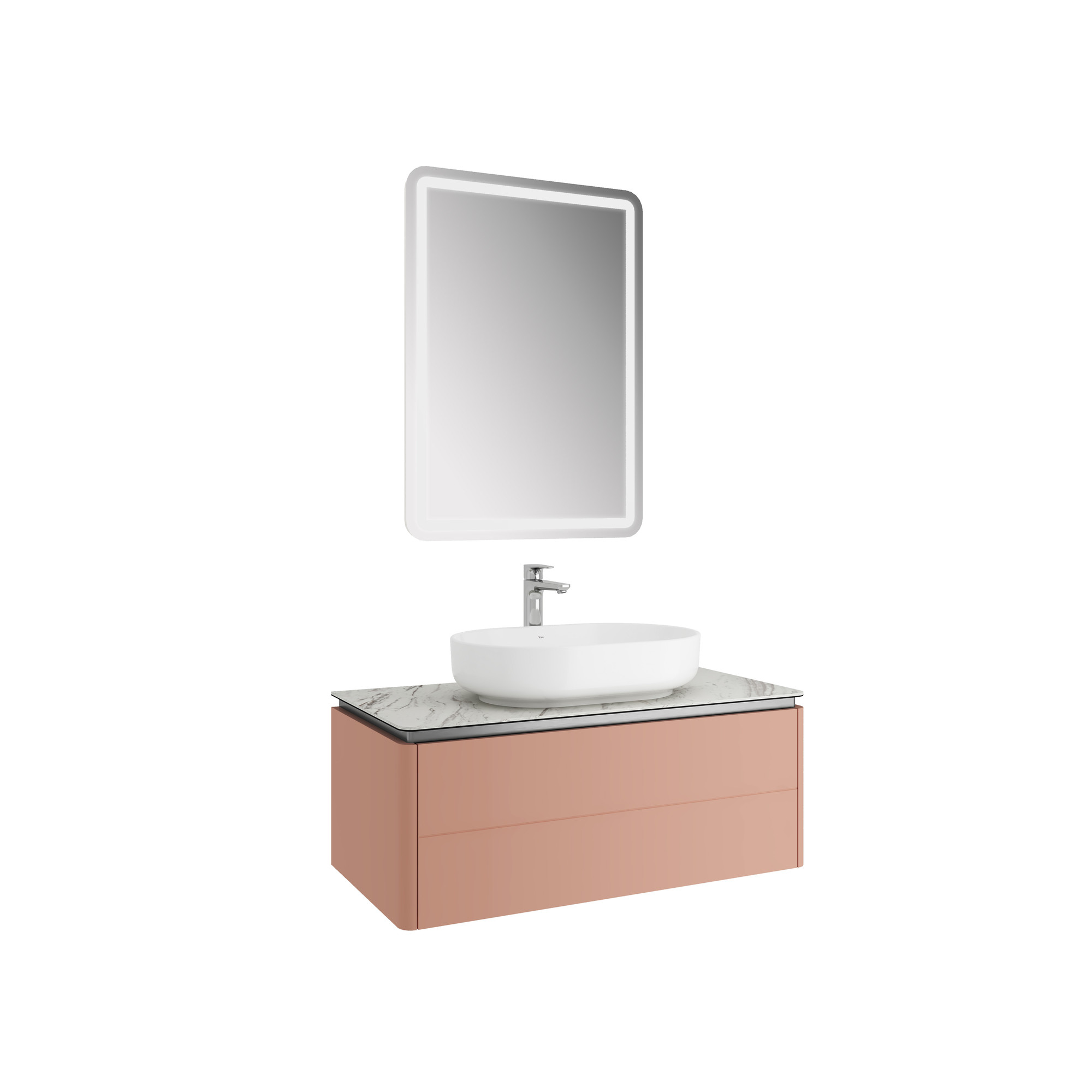 Lotus Set Mat Şeftali/Palissandro 100 Cm (Beyaz Oval Çanak Lavabo + Lavabo Dolabı + Ayna)